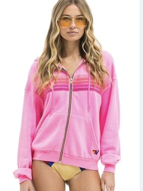 Aviator Nation Hot Pink Zip Hoodie with Stripe Accent
